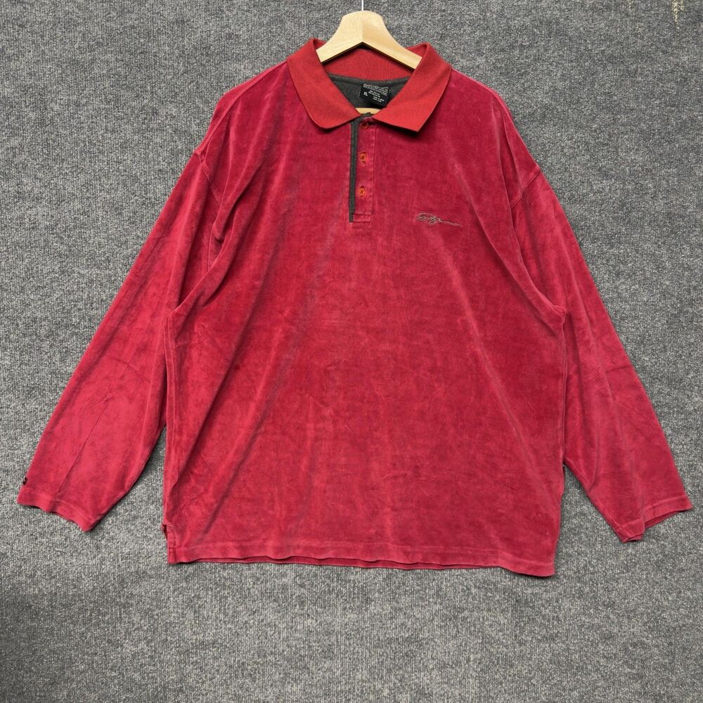 FUBU Polo Shirt Mens XL Red Velour Long Sleeve Embroidered Logo Y2K Streetwear